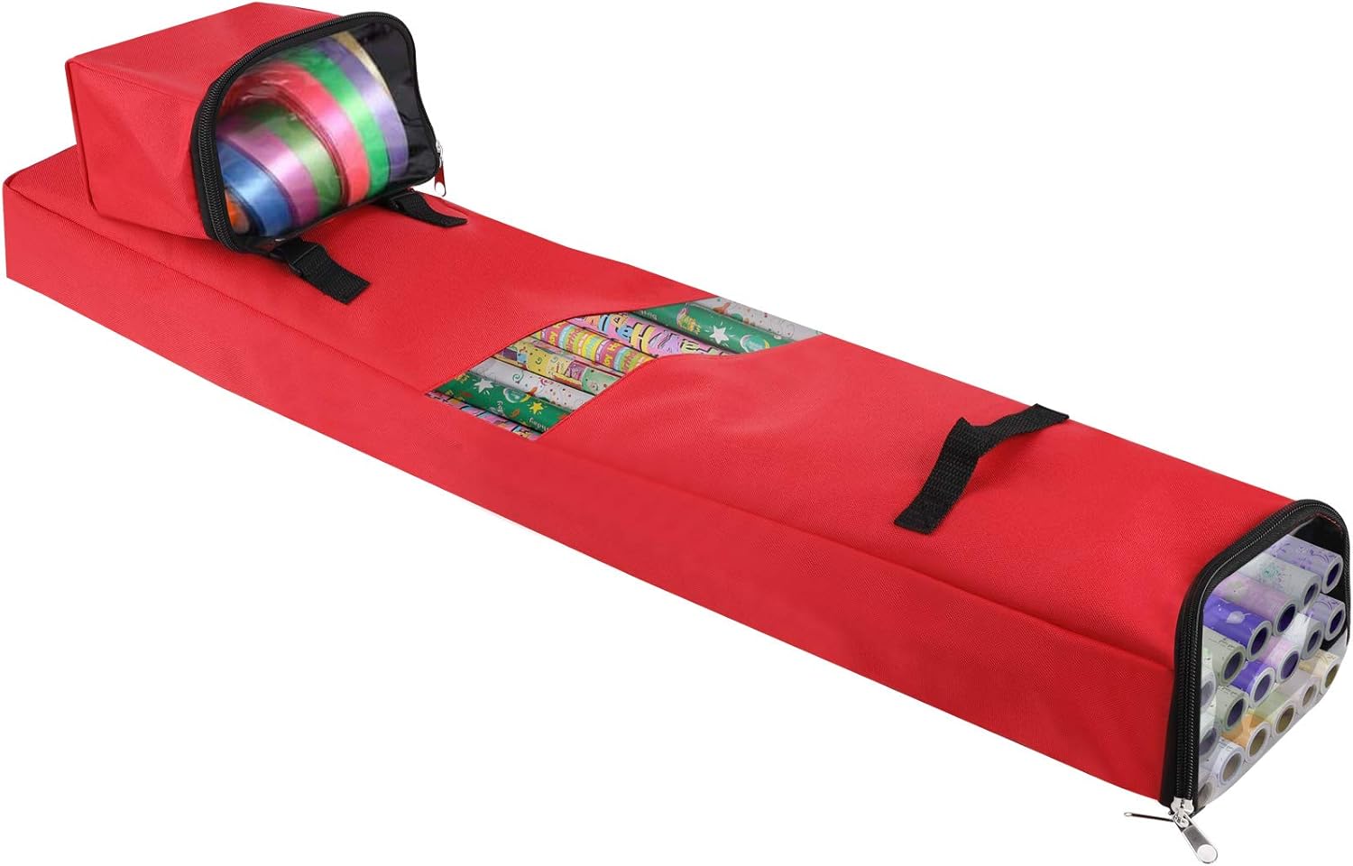 48 Inch Wrapping Storage Bag Extra Long Christmas Wrap Storage Container with Small Detachable Ribbons Roll Storage Bag Clear Window and Handle - Heavy Duty 600D Oxford(Red)