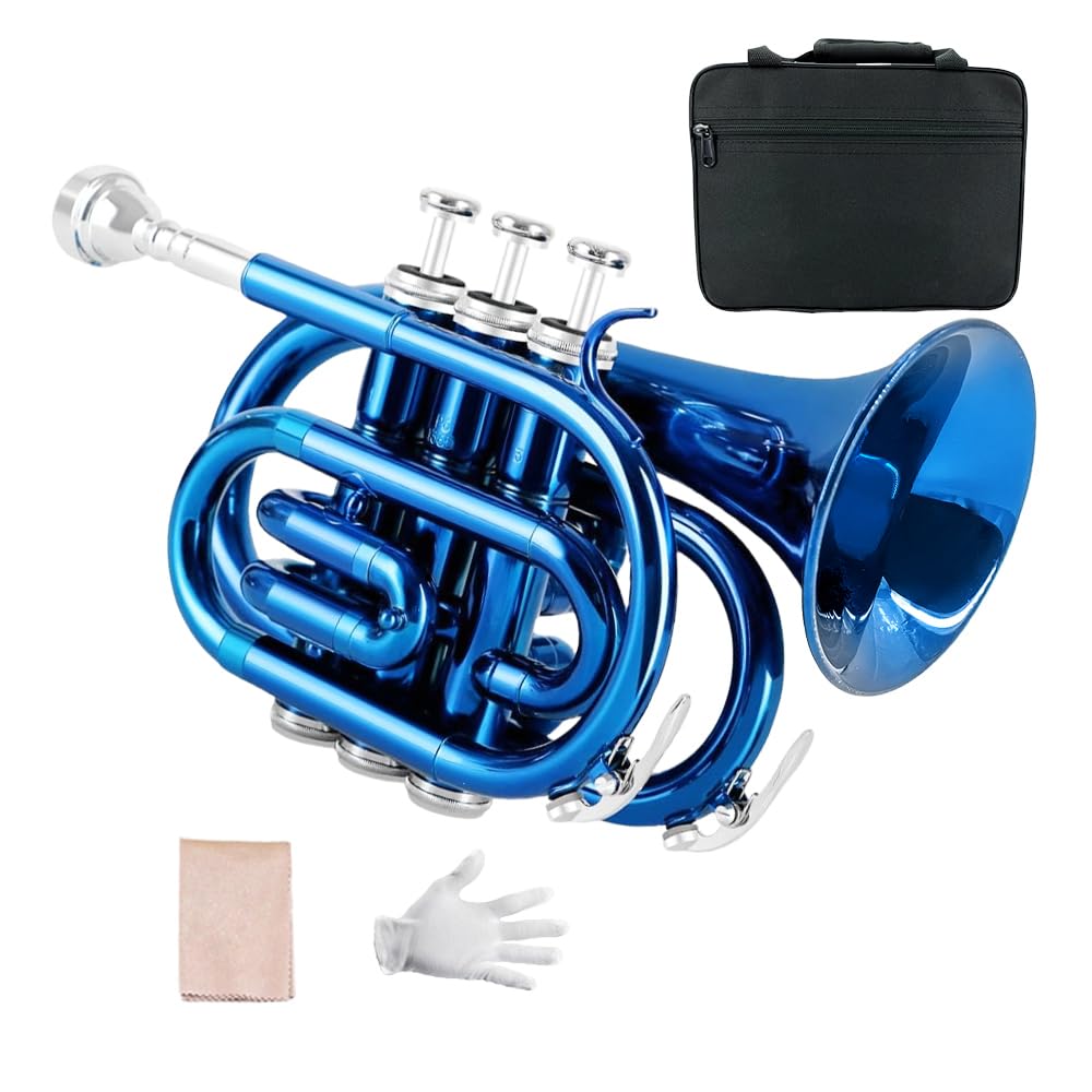 Tromba tascabile professionale in ottone, finitura laccata, con custodia per il trasporto e accessori per la pulizia per principianti e musicisti (blu)
