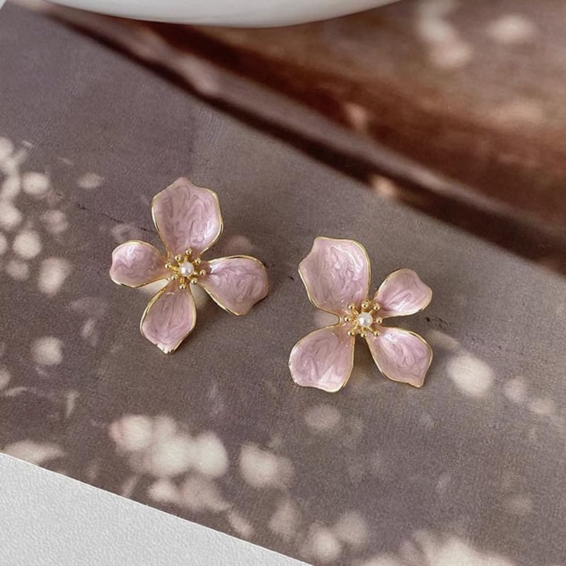Cute Flower Earrings Pink Vintage Flower Drop Earrings Trendy Fashion Pearl Statement Earrings Chic Elegant Enamel Floral Stud Earrings for Women Mom Holiday Wedding Birthday Jewelry Gift - Image 3