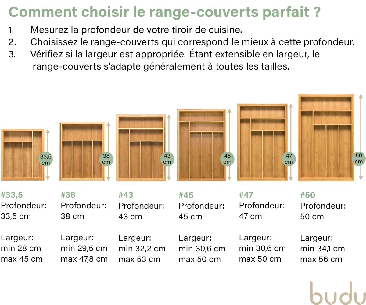 budu Range-couverts #47 (profondeur 47 cm) en bambou – Système de rangement de tiroirs pour la cuisine – Range-couverts pour tiroirs en bambou – Extensible – Organiseur de cuisine…