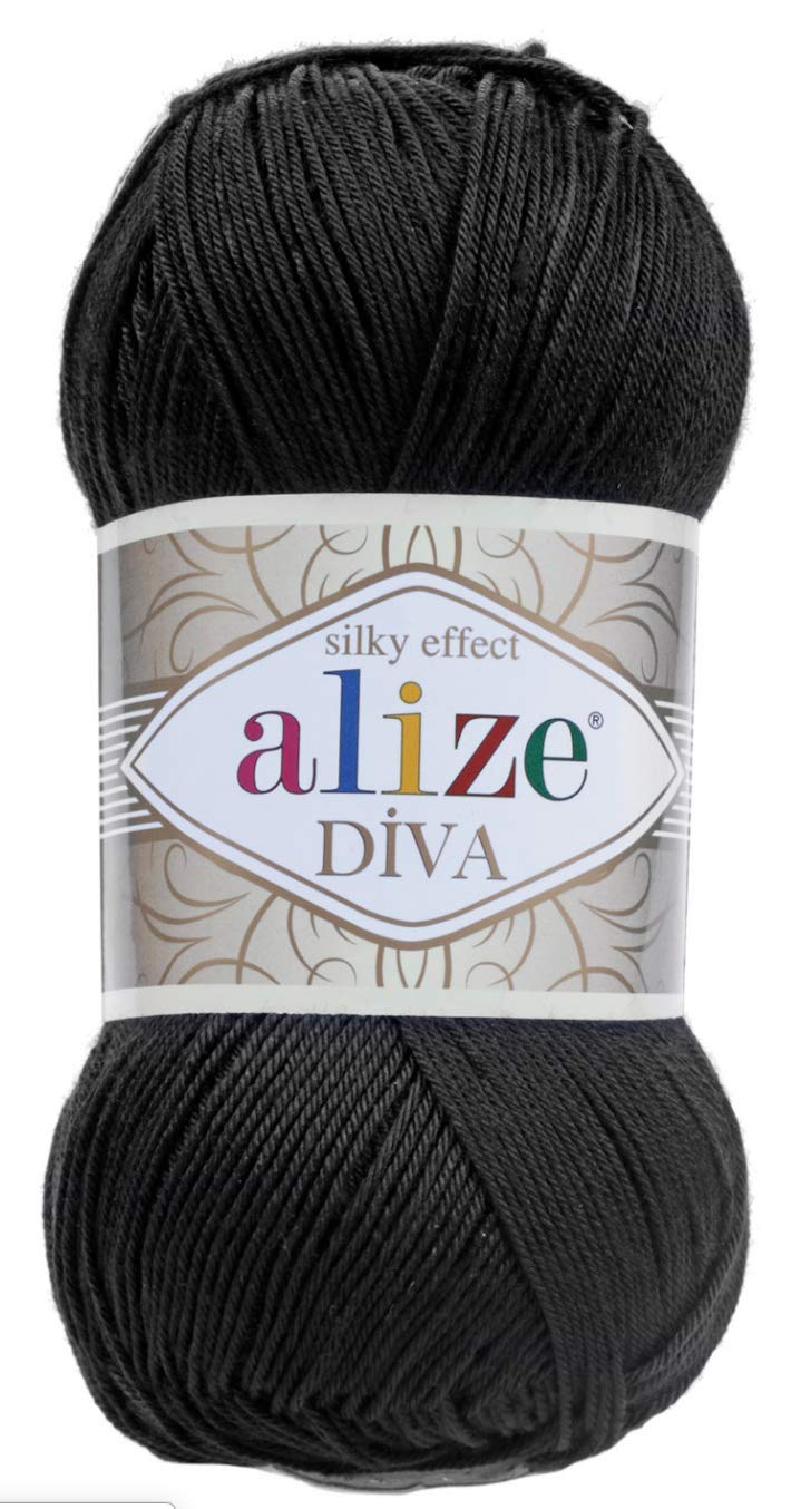 AlizeHand Knitting Yarn 100% Microfiber Acrylic Yarn Diva Silk Effect Thread Crochet Art Lace Craft Lot of 4 skeins 400gr 1532yds Color (60 Black)