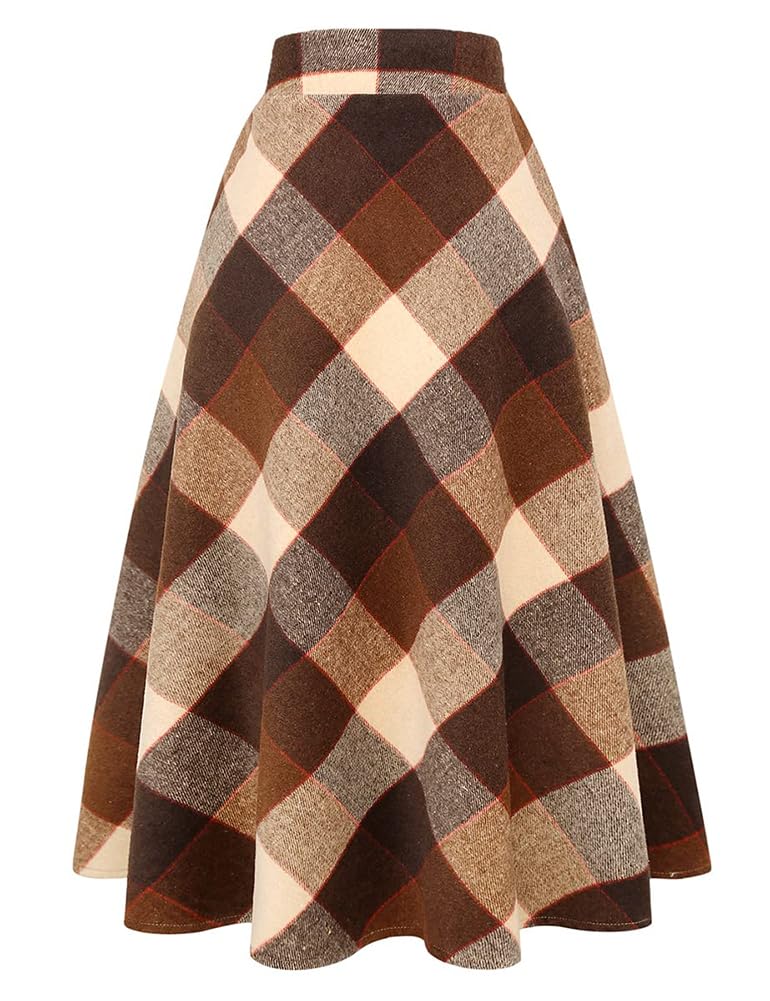 Ylingjun Long Plaid Wool Skirt for Womens Winter Fall Warm High Elastic Waist A line Flared Pleated Wool Tartan Skirts, Big Plaid Coffee, L