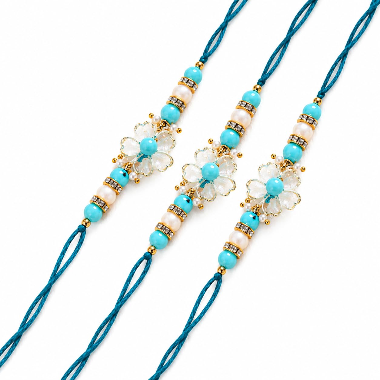 Designer Floral Beaded Rakhi Blue Flower Thread Set of 3-image-32