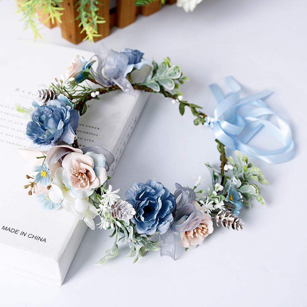 Blumenkranz Haare Haarkranz Blumen Haarreif, Blumenmädchen Stirnbänder Kopfschmuck Floral Girlande Blumenstirnband Verstellbarer Gürtel für Hochzeit Zeremonie Party Festival,Hellblau