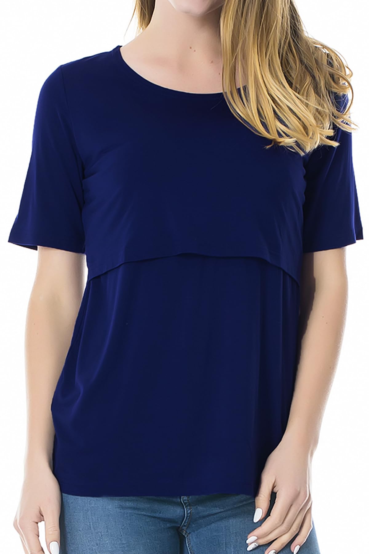 Smallshow Nursing Tops Women’s Maternity Short Sleeve Shirts Maternity Breastfeeding Clothes,Deep Blue,XXL
