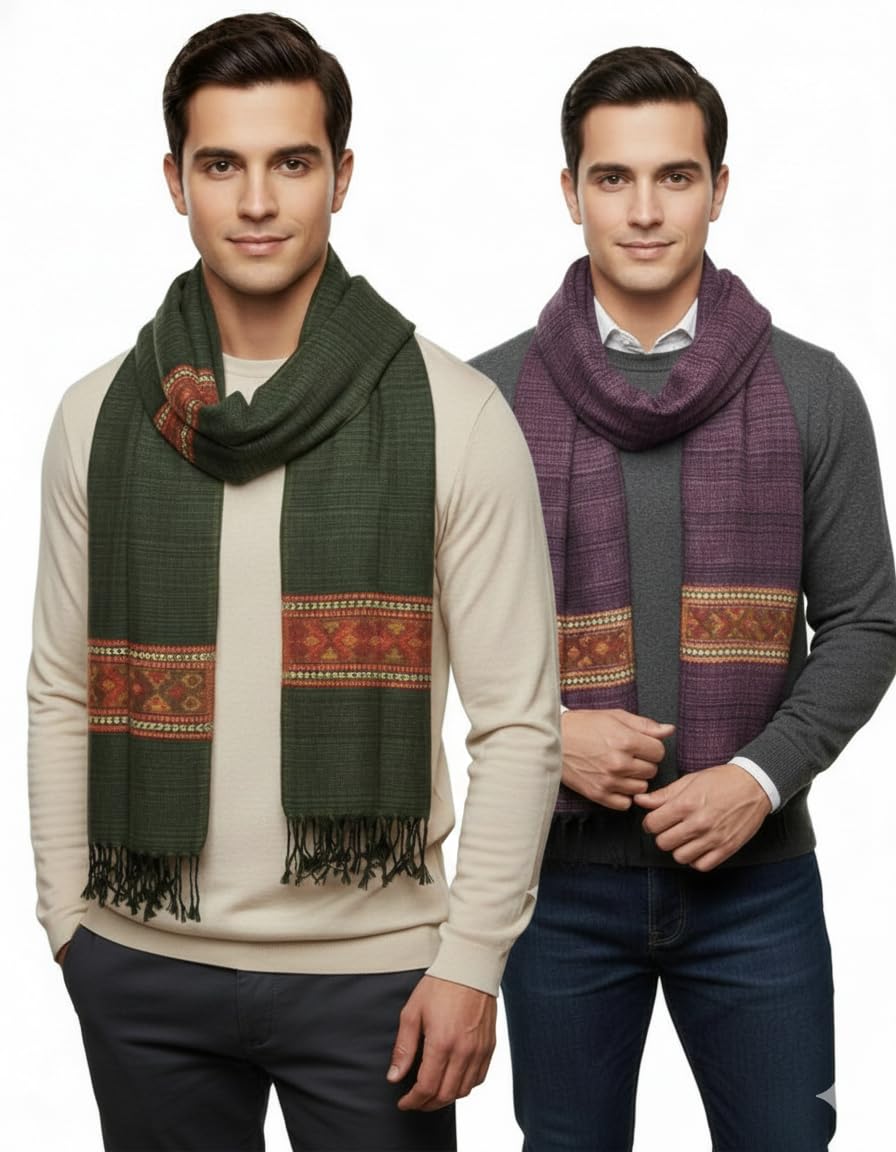 SGS Unisex Winter Scarf with Traditional Border Design, Knitted Cotton Blend, Olive Green and Purple, Fringe Tassels, Casual Wear (pack of 2)-image-42