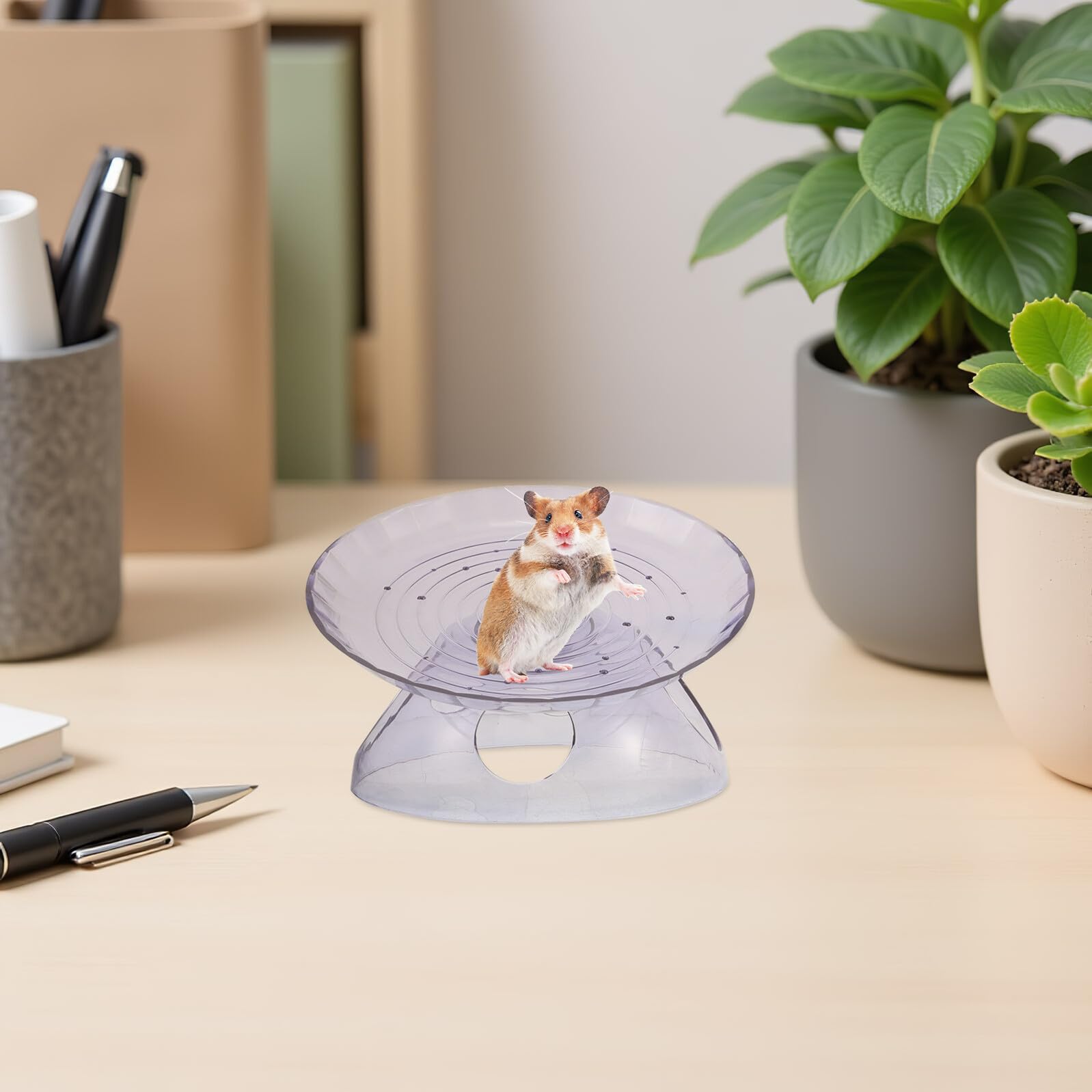 Ruedas de Ejercicio Silenciosas para Hámster con Base, Plástico Resistente, Rueda Plana con Casa Refugio Integrada, Transparente Azul y Rosa, Juego 3 Piezas para Mascotas