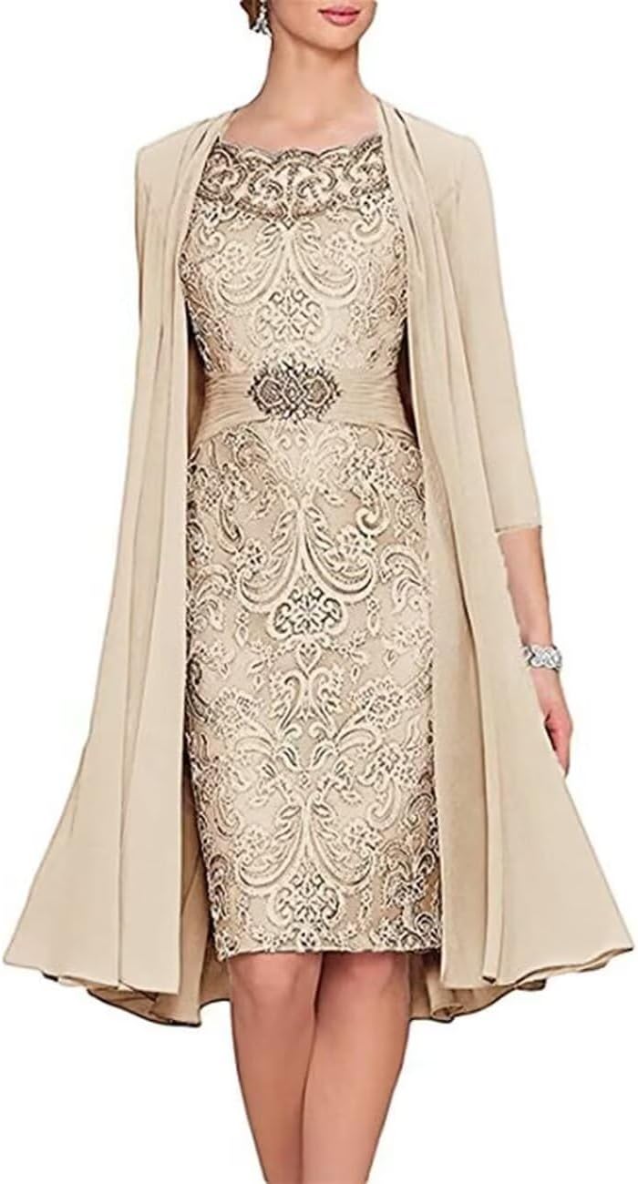2 Pieces Tea Length Mother of The Bride Dresses with Jacket Lace Appliques Formal Evening Dress for Wedding
