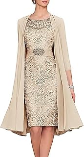 2 Pieces Tea Length Mother of The Bride Dresses with Jacket Beaded Lace Appliques Formal Evening Gown for Wedding - Buy now