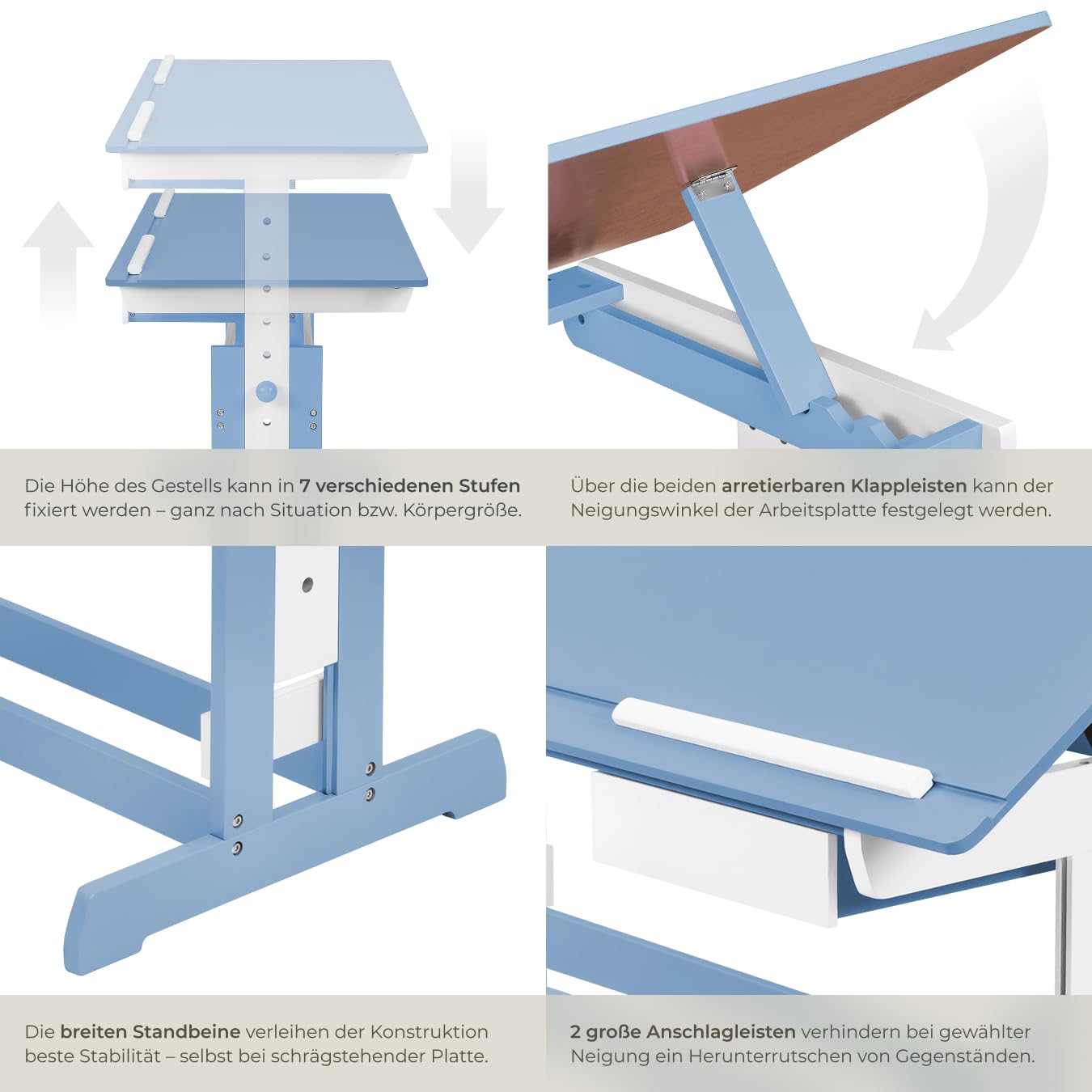 tectake® Kinderschreibtisch, Schreibtisch höhenverstellbar, Kindertisch mit Stauraum Schublade, Tischplatte neigbar, höhenverstellbarer Tisch, Arbeitszimmer für Kinder, Jugendzimmer - blau