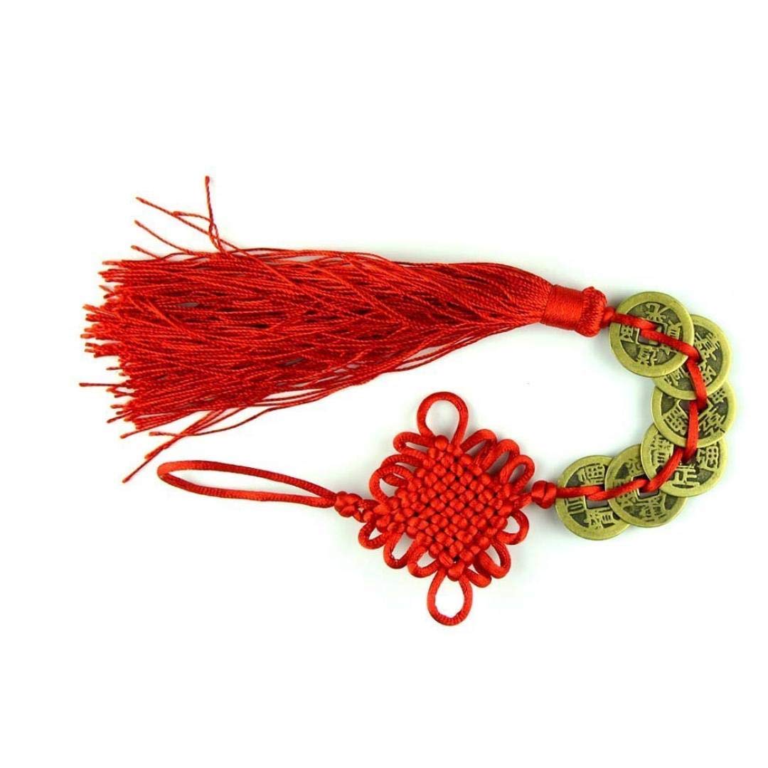 Amoyer As Picture Traditional Chinese Knot Feng Shui Lucky Wealth 6Coins Mascot Handmade For Home Car Hanging Tassel Decoration