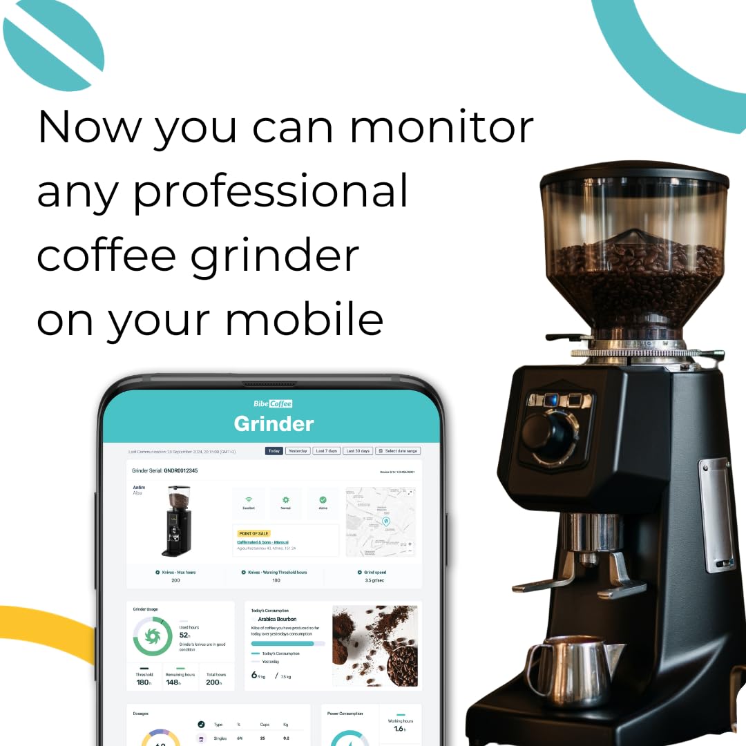 Moulin à Café avec Surveillance à Distance | Pack de 1 avec Prise WiFi Intelligente + Abonnement de Données Gratuit de 12 Mois | Suivi en Temps Réel des Dosages de Café