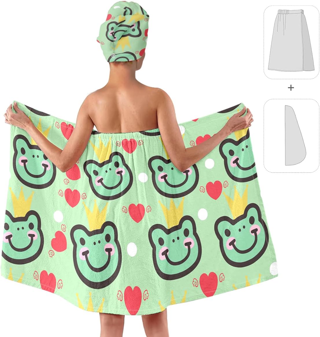 Frog Prince Bath Wrap Set, Women's Microfiber Shower Towel with Hair Turban, Soft Absorbent Spa Wrap