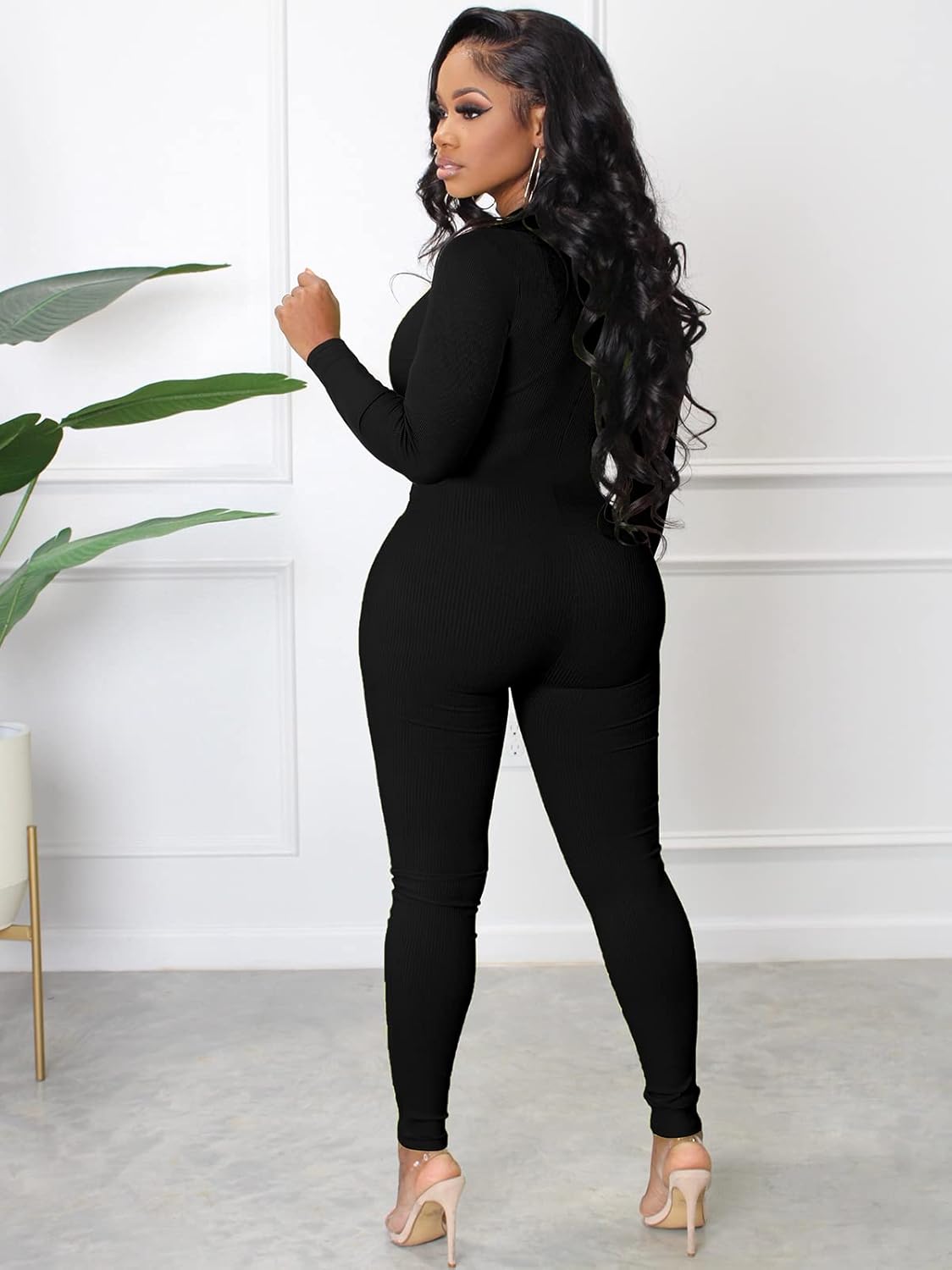 chicyes Women's Bodycon Sexy Jumpsuits Workout Seamless One Piece Ribbed Zipper Rompers Plus Size Outfits - Image 3