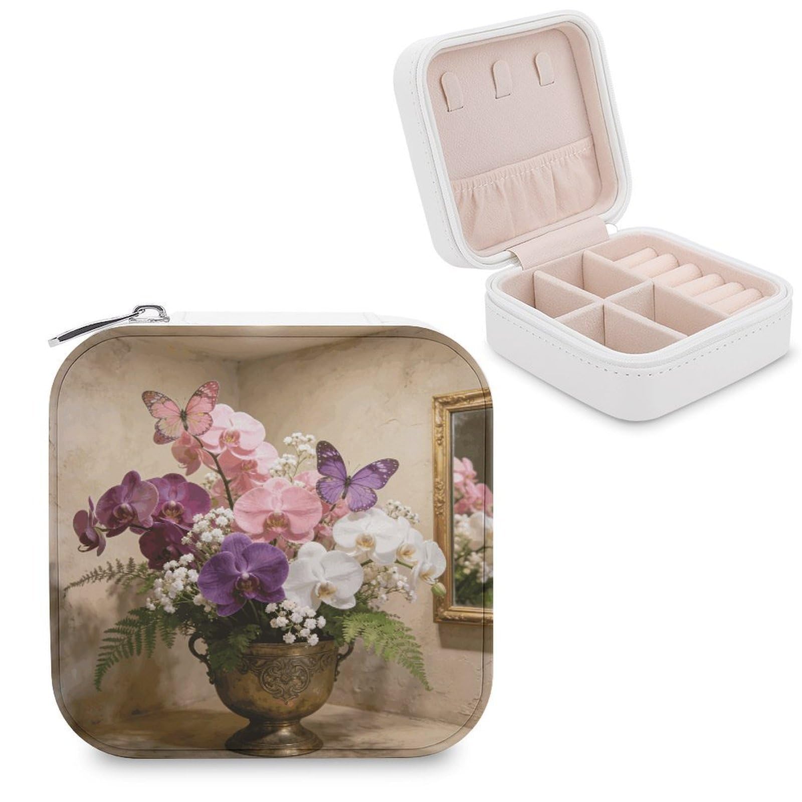 VstaDank Aesthetic Butterfly Orchid Jewelry Box Beautiful Portable Ring Boxes Cute Large-Capacity Jewelry Case Jewelry Organizer for Mothers Gifts for Earrings Rings Hand Bracelet