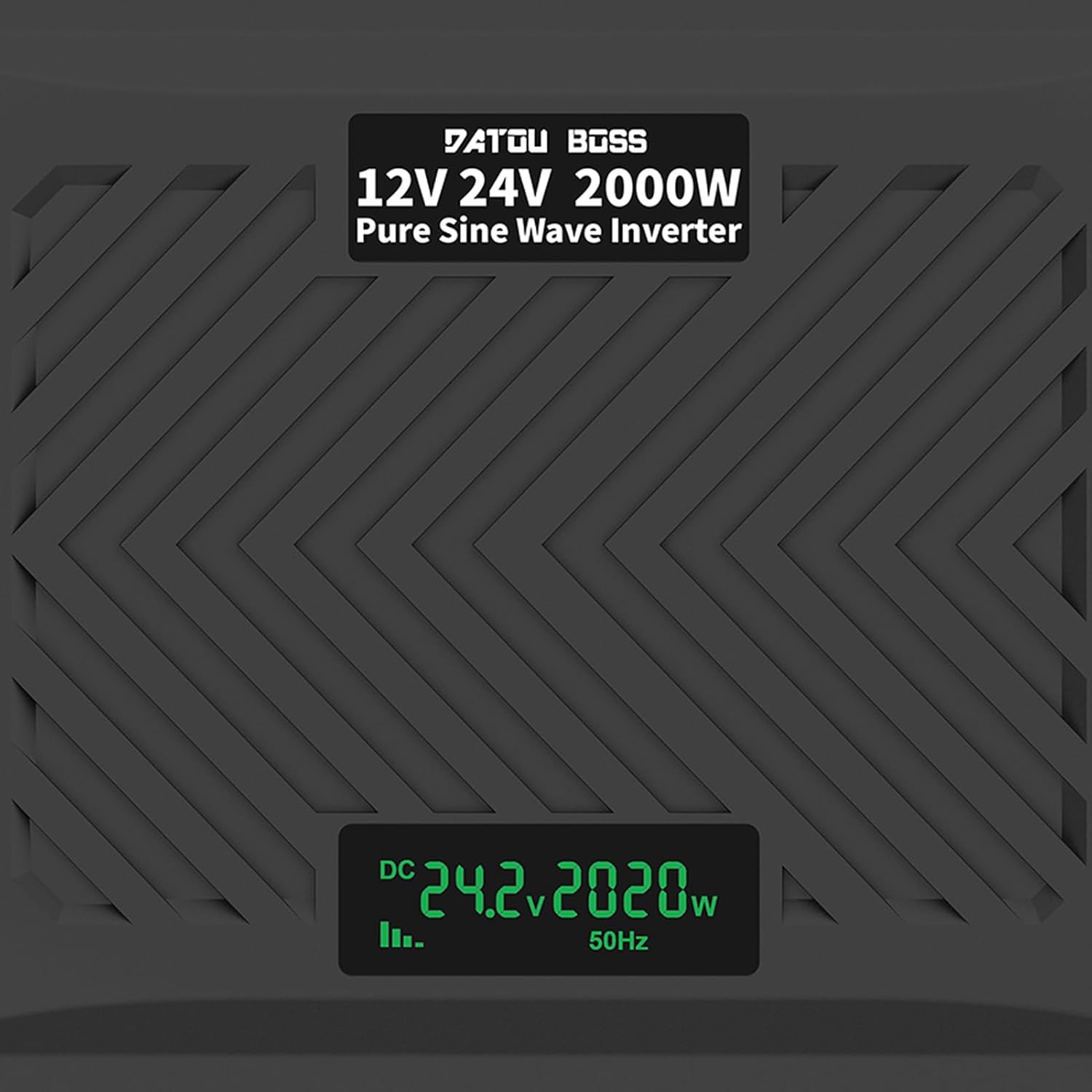 Close-up of the inverter's LCD display showing DC input voltage, output power, and frequency