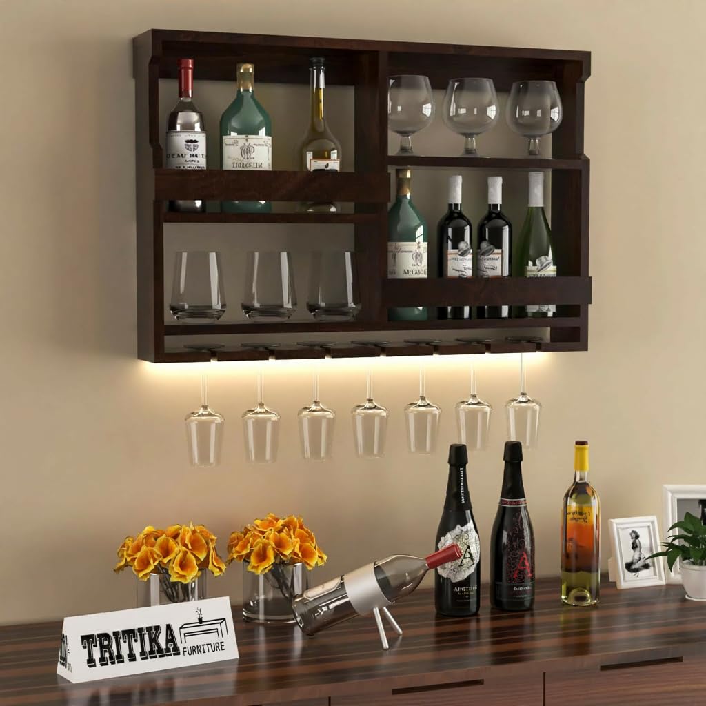 Elegant Wall Mounted Wine Rack, Wooden Bar Cabinet with LED Lighting, Glass Holder, 30 x 24 x 4.5 Inch, Dark Brown Finish, Home Bar Storage Organizer (Walnut)-image-45