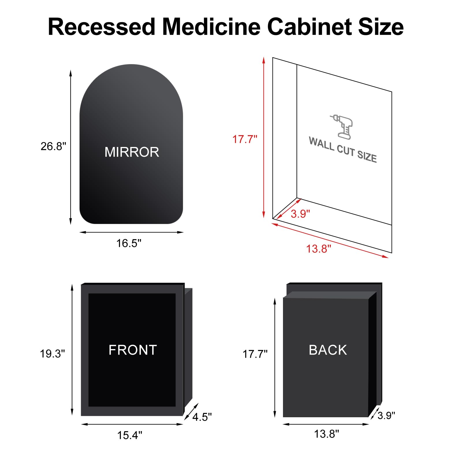 Mepplzian 16x26 Recessed Medicine Cabinet with Lights,Brushed Black Arched Medicine Cabinet with Mirror for Bathroom,3-Color Lighted Mirrored Cabinet Wall Mounted,Bathroom Vanity Mirror with Storage