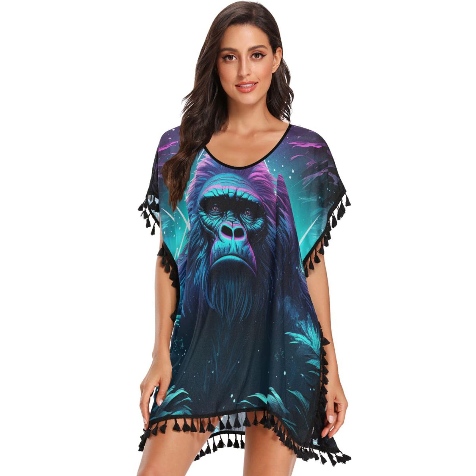 NYYYTTTEU Gorila Azul Fresco Niña Trajes de Baño Bañador de Gasa Encubrimientos Ropa Vestido de Playa Borla Verano Cover Up