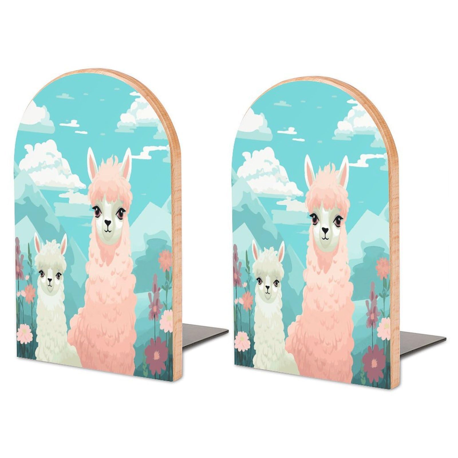 Non-Slip Bookend for Shelves Lovely Alpaca Wooden Bookends with Metal Base Decorative Book Stopper for Home Heavy Duty Wood Book Storage for Books/CDs
