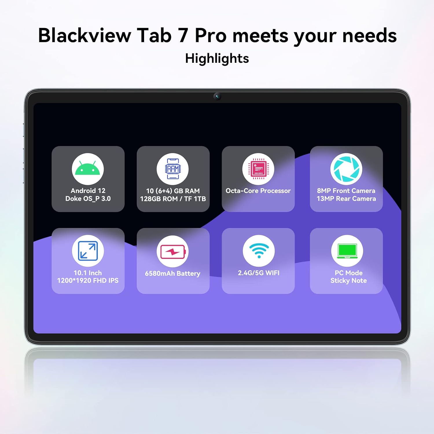 Blackview Android 12 Tablet, 10GB RAM 128GB ROM 1TB Expand 10 inch Tablet Tab 7 Pro, Octa-Core FHD 1920 * 1200 IPS Display 13MP Dual Camera Dual Band 5G WiFi Tablet Android, 6580mAh GPS Tablets, Blue