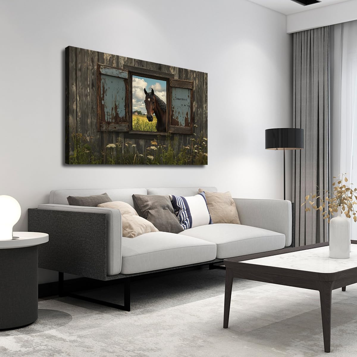 CHERHERART Sztuka ścienna vintage wiejski wiejski plakat wydruki na płótnie brązowy koń w rustykalnym oknie stodoły obraz na płótnie do łazienki wystrój domu 85 x 140 cm bez ramy