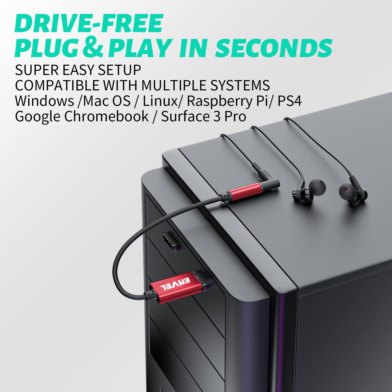 ENVEL Adaptador de Audio estéreo USB a Jack de 3.5 mm, TRRS de 4 Polos con micrófono Externo USB de Tarjeta de Sonido estéreo Adaptador Auxiliar para Auriculares,PS4,PC,Ordenador portátil,sobremesa