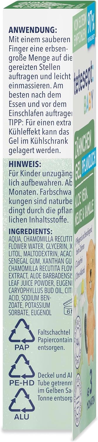 tetesept Gel dental para bebés 10 ml con aloe vera, clavo y manzanilla, calma encías, sin azúcar ni alcohol
