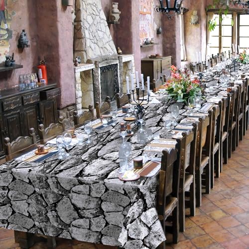 Image of Kochorie 100 Ft X 54 Inch Halloween Stone Wall Tablecloth Roll with Cutter Box Disposable Plastic Stone Table Cover Medieval Party Castle Brick Wall Backdrop for Halloween Birthday Knight Theme Party