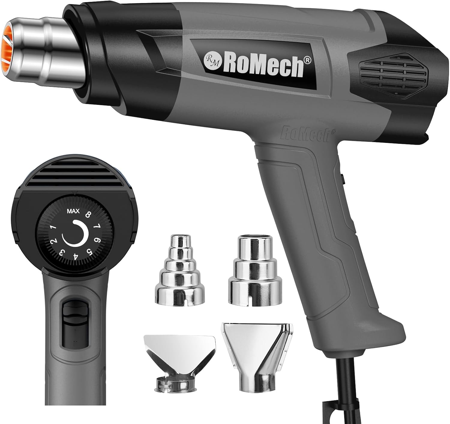 ROMECH Heat Gun, Heavy Duty Fast Heating, Variable Control 120°F~1200°F (50℃-500℃) 4 Nozzles Heat Gun for Crafting, Shrink Tubing,Vinyl Wrap(Gray) ROMECH Heat Gun, Heavy Duty Fast Heating, Variable Control 120°F~1200°F (50℃-500℃) 4 Nozzles Heat Gun for Crafting, Shrink Tubing,Vinyl Wrap(Gray)