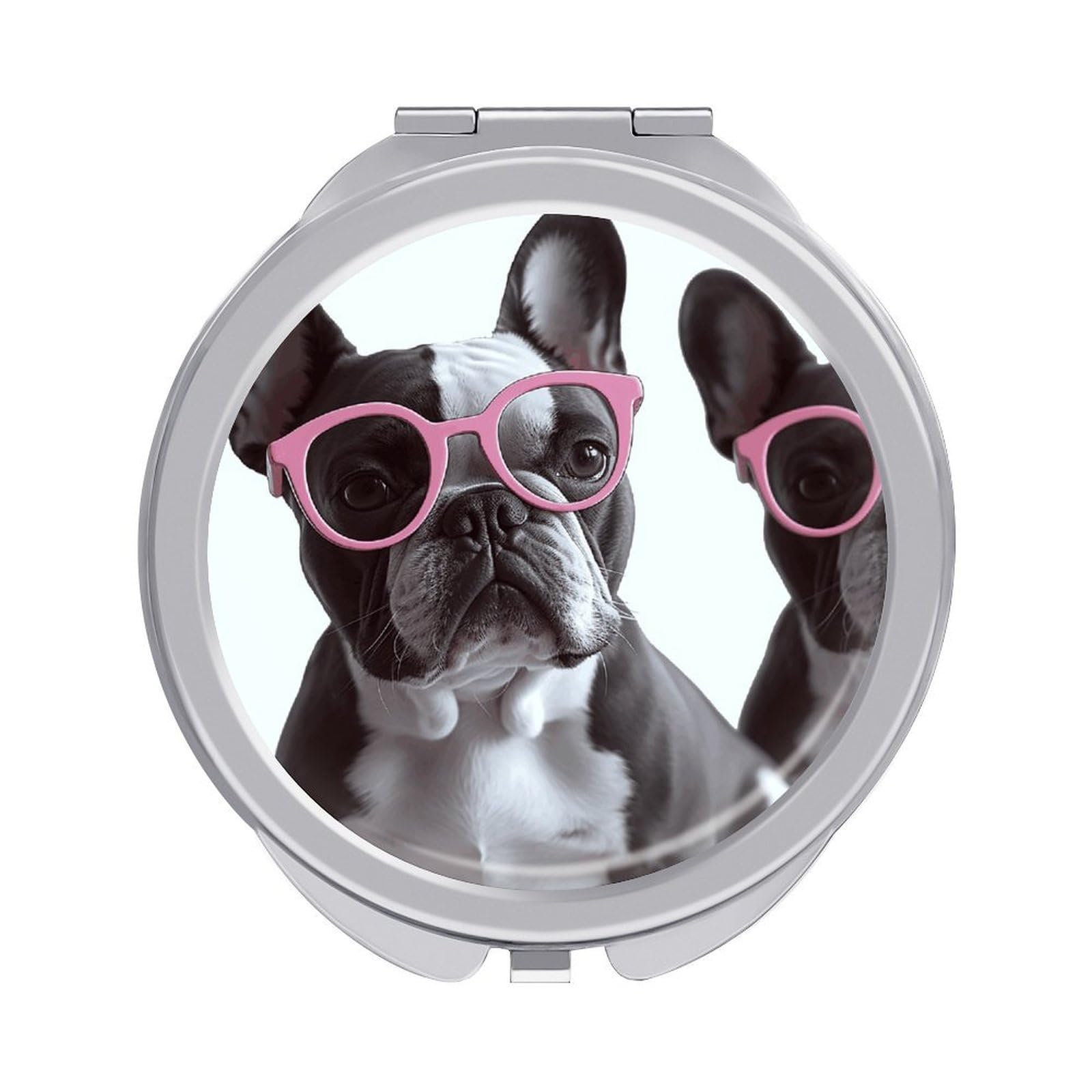 VstaDank French Bulldog Pink Glasses Travel Makeup Mirrors Exquisite Double-Sided 2X/1X Magnifying Folding Pocket Mirror Portable Round Handheld Mirror Mini Compact Mirrors for Outdoor Home