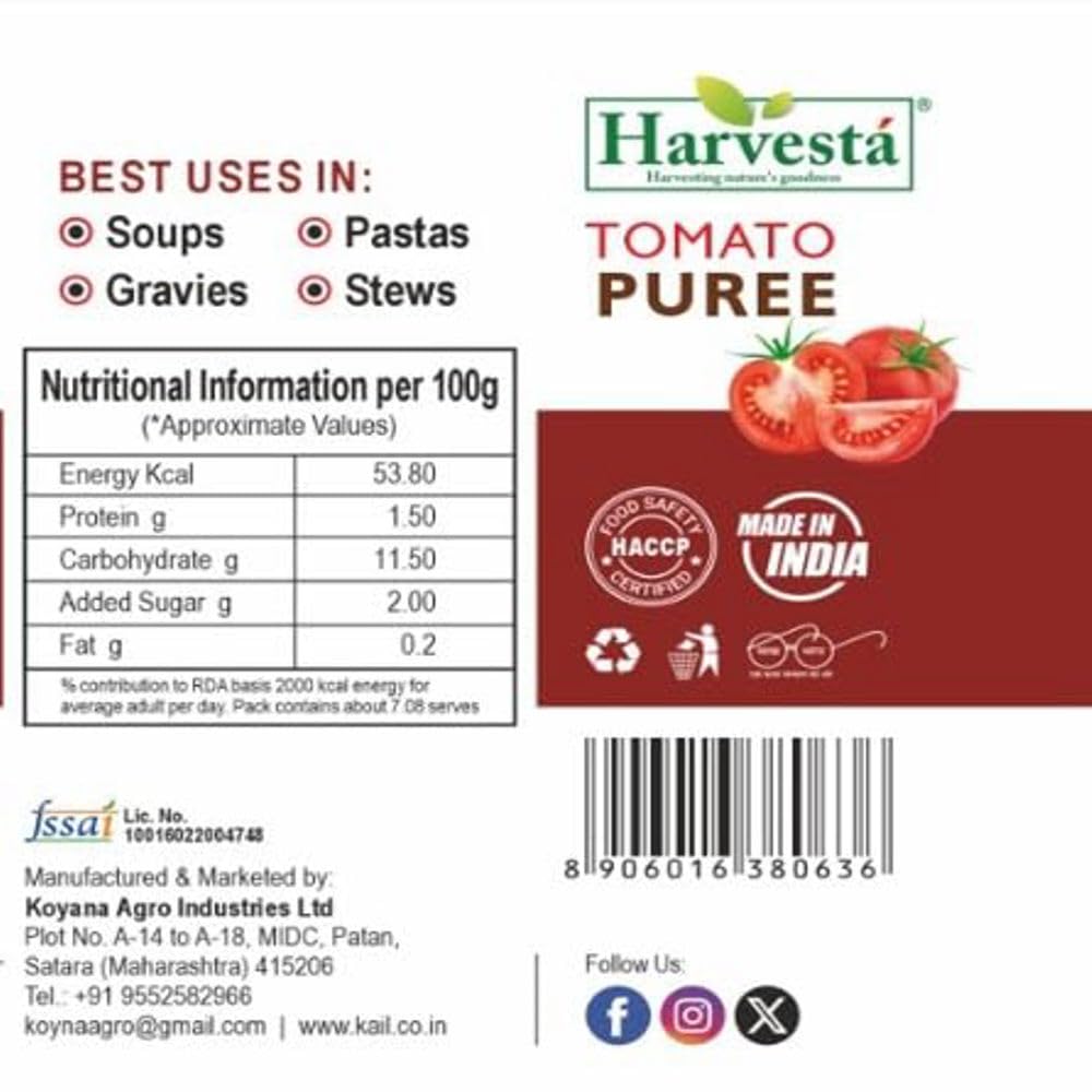 Harvesta Tomato Puree 850g | Thick & Smooth Tomato Puree | Ready-to-Use Tomato Base for Curries, Gravies, Soups, Pasta & Sauces | Natural Color, Consistent Texture | Ready-to-Use. 1
