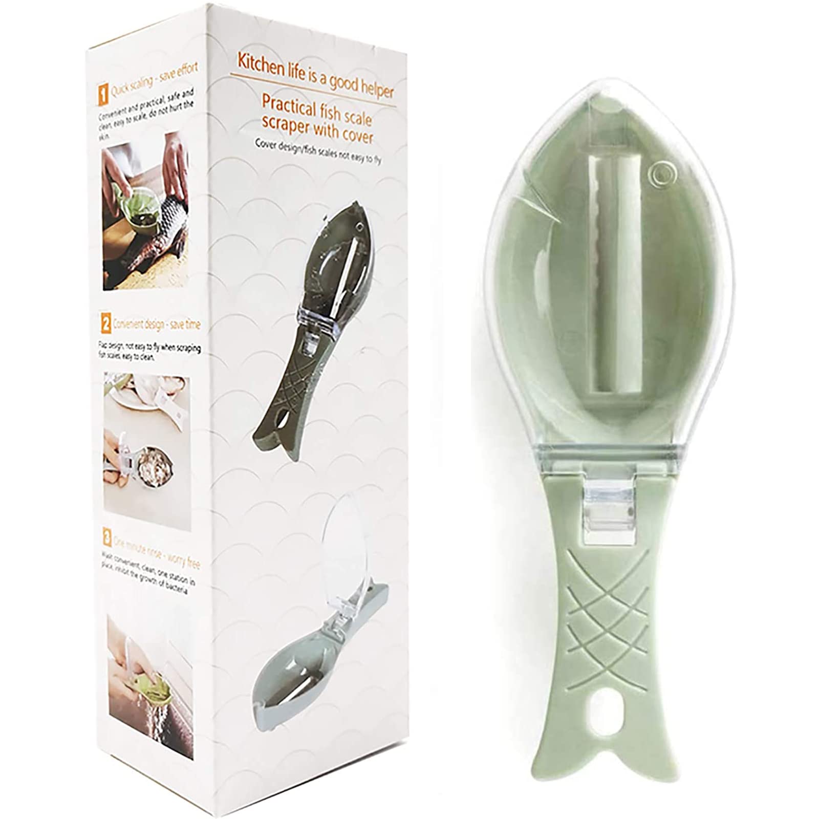MQFORU Multifunctional Fish Clean Scales Fish Killing Knife Scraping Scale with Clear Cover Fish Scaler Kitchen Cooking Tools (Green)