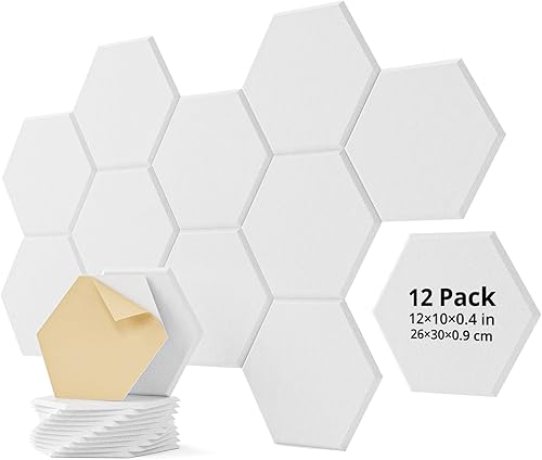 Paquete de 12 paneles acústicos absorbentes de sonido, paneles autoadhesivos a prueba de sonido, paneles hexagonales de amortiguación de sonido de