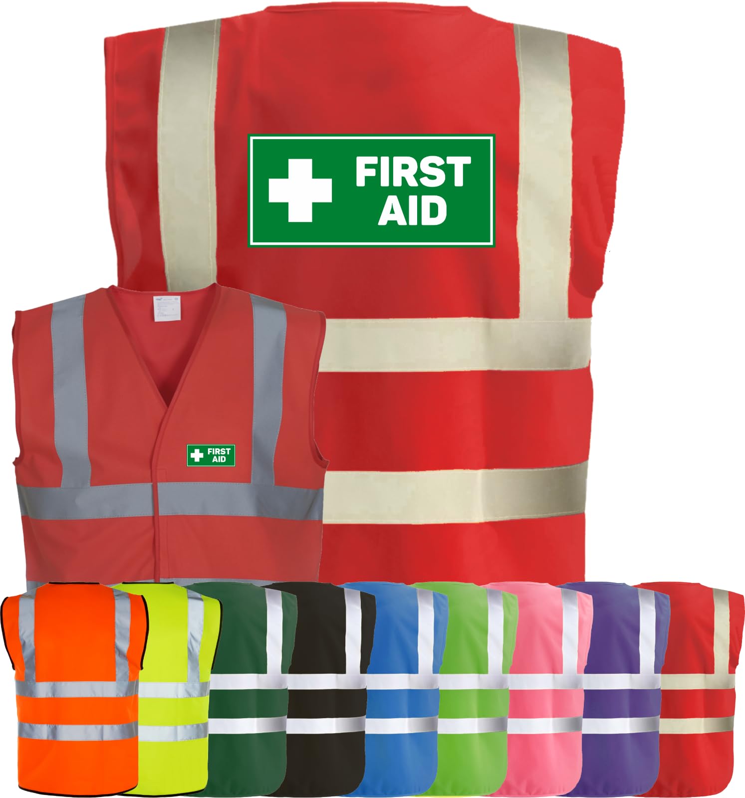 Corporate Togs FIRST AID Printed Hi-Vis Vest - Safety Waistcoat Tabard, Fastening, Health & Safety Compliant Waistcoat | Protective Safety Wear