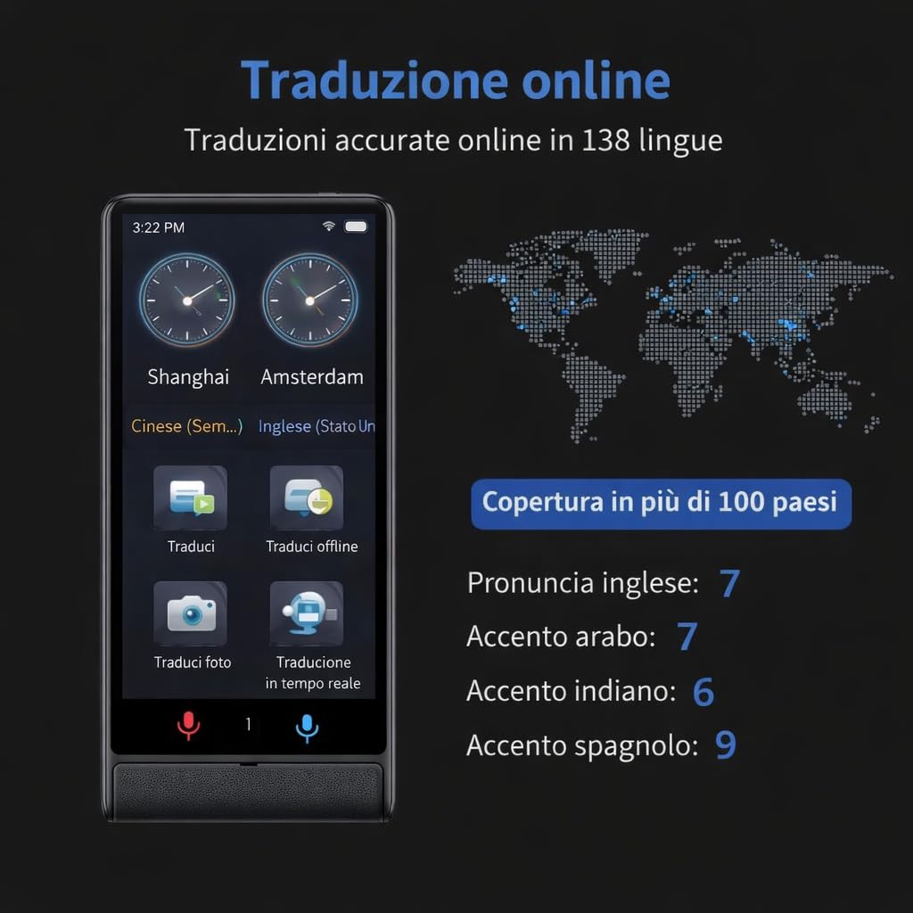California PRO 2026, Traduttore Vocale Istantaneo Senza WiFi, Schermo Touch 4 Pollici, Alluminio Premium, 142 Lingue Online 22 Offline, Traduttore Portatile con IA