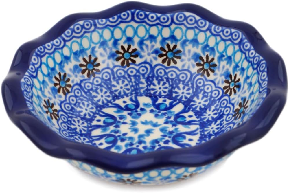 Polmedia Polish Pottery Bowl 5-inch - Crocheted Granny Squares Pattern Handmade in Boleslawiec Poland by Ceramika Artystyczna + Certificate of Authenticity