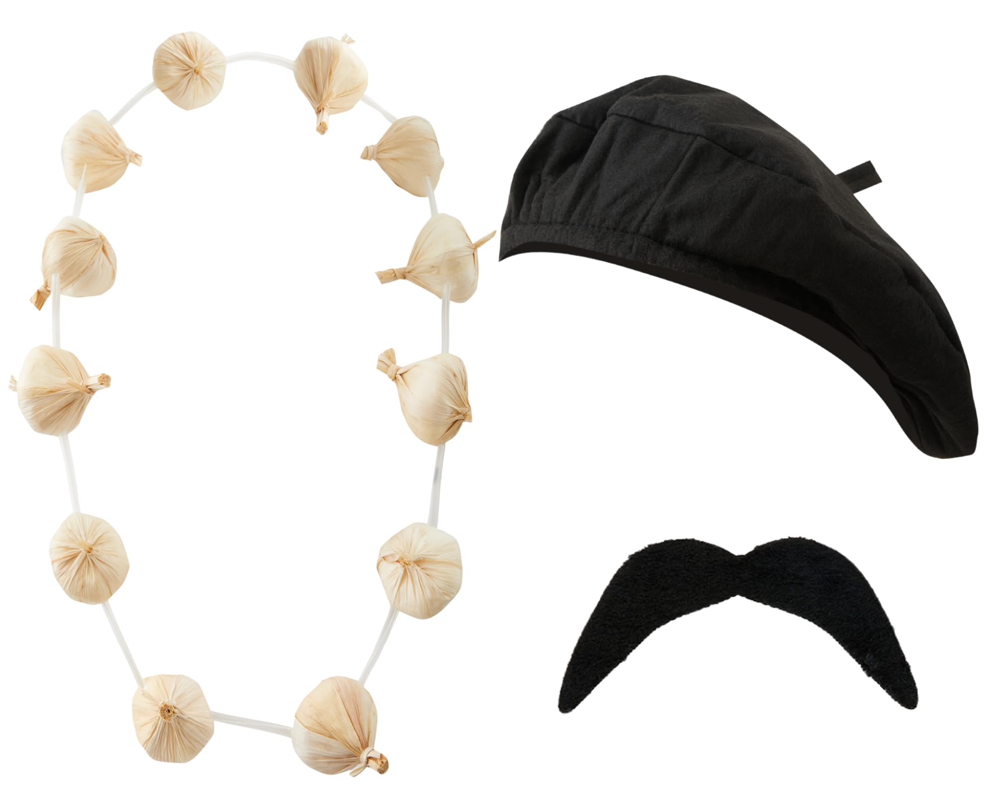 3pc French Fancy Dress Accessories for Adults and Kids - Black Beret, Fake Moustache & Garlic Garland Necklace - Adult French Day Costume Kids European Languages Day Costume