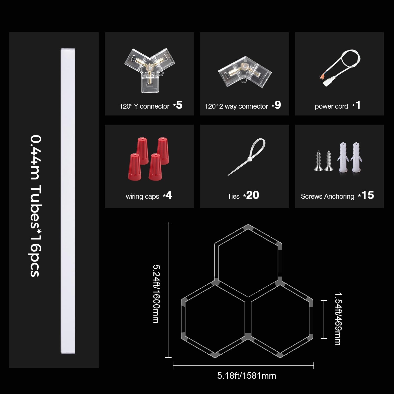 3-Hex Lámpara de techo LED hexagonal para garaje-16pcs luces de tubo, 128W 6500K luces LED de techo conectables para taller, garaje, almacén, gimnasio,sala de lavado para el cuidado del automóvil