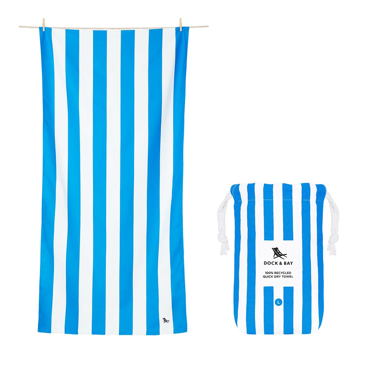 Dock & Bay Beach Towel - Quick Dry, Sand Free - Compact, Lightweight - 100% Recycled - Includes Bag - Cabana - Bondi Blue, Extra Large (200x90cm, 78x35)
