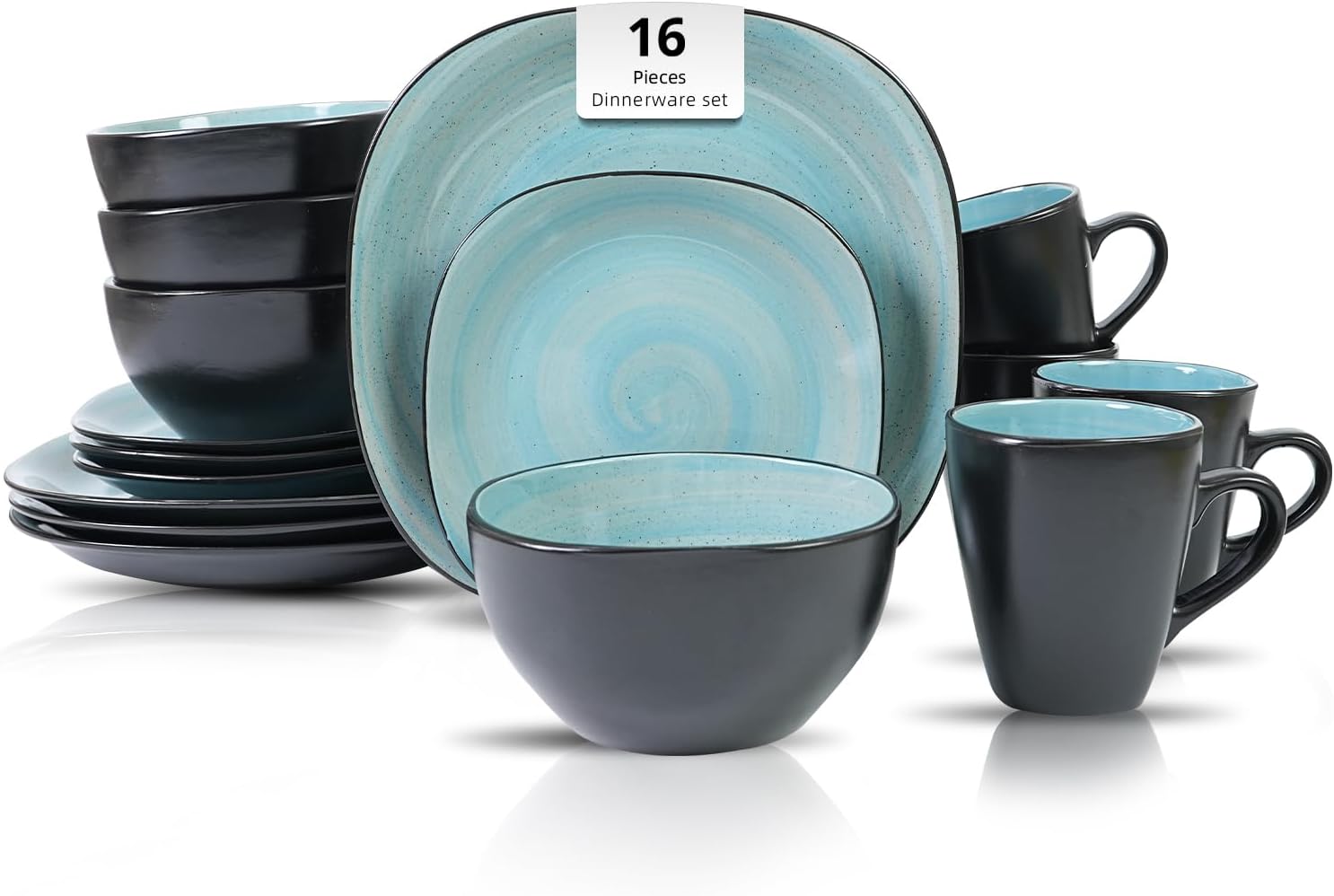 HomeVss, Stoneware Square 16pc Dinnerware Set, Inside Spinwaseh Swirl Turquoise + Outside Black