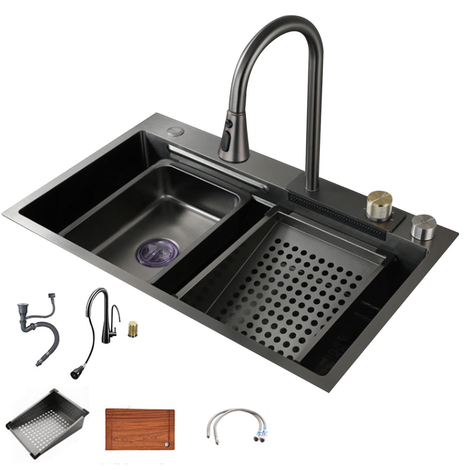 SDdPulse Waterfall Built-in Kitchen Sink 304 Stainless Steel Nano Kitchen Sink with Pull Out Faucet, Cutting Board, 75 x 46 cm