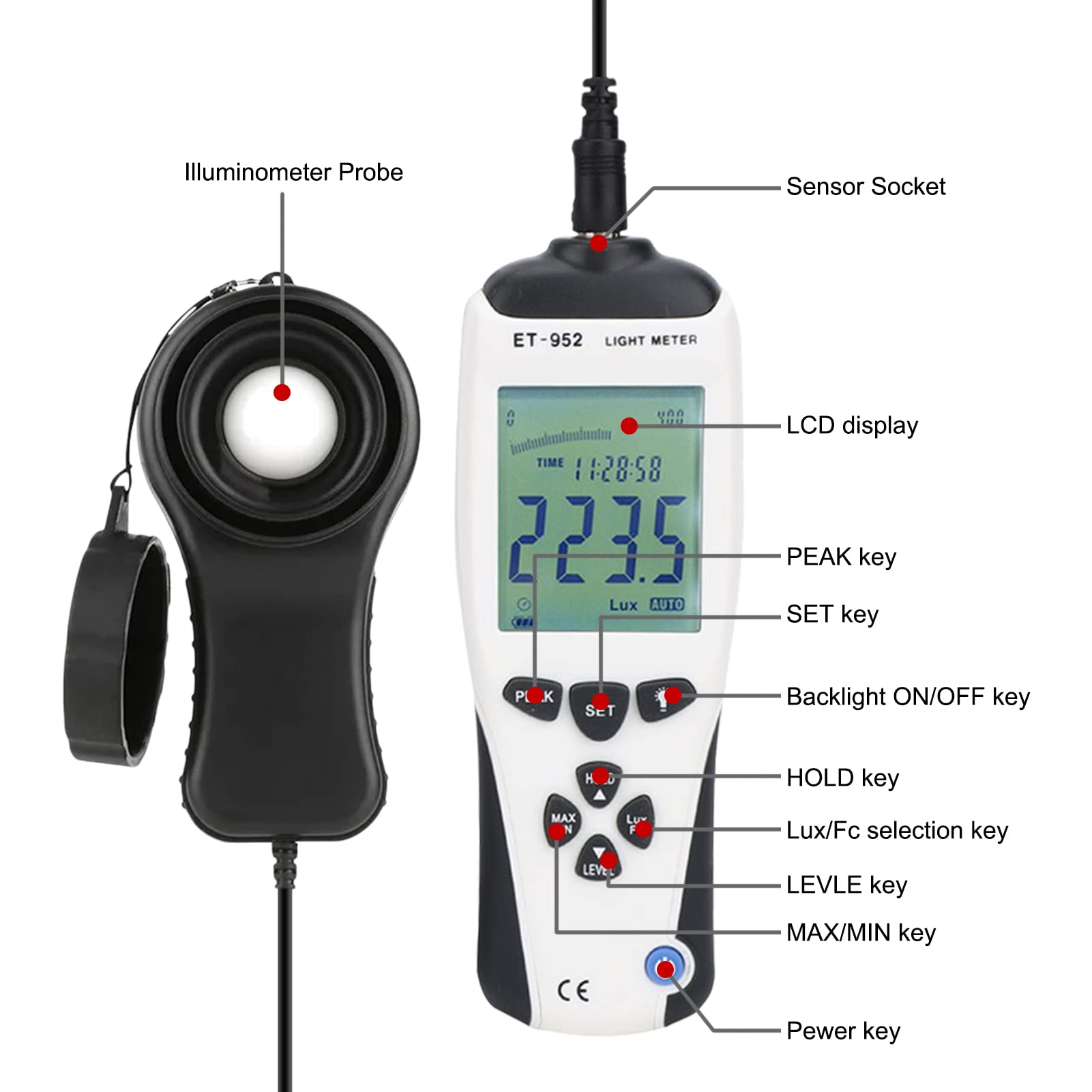 Misuratore di luce digitale, ET-952 Mini portatile LCD ad alta precisione Misuratore di luce digitale Luxmetro Illuminometro Fotometro