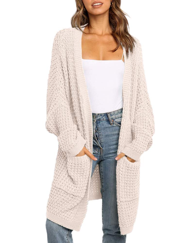Womens Long Cardigan Sweaters Batwing Sleeve Open Front Waffle Knit Fall Sweater with Pockets