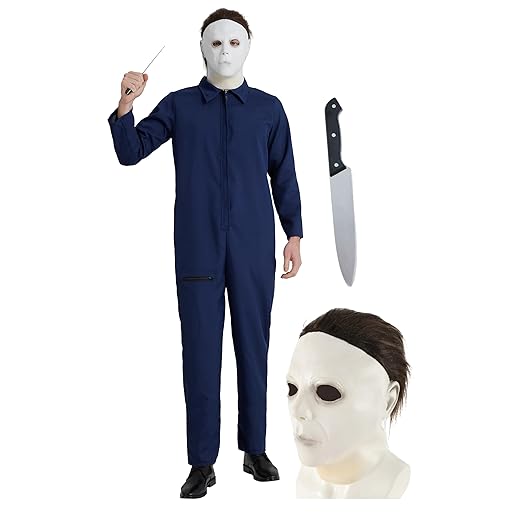 2.) Adult Halloween Killer Deluxe Costume for Men Includes Jumpsuit, Toy Knife, Mask with Hair (Large)