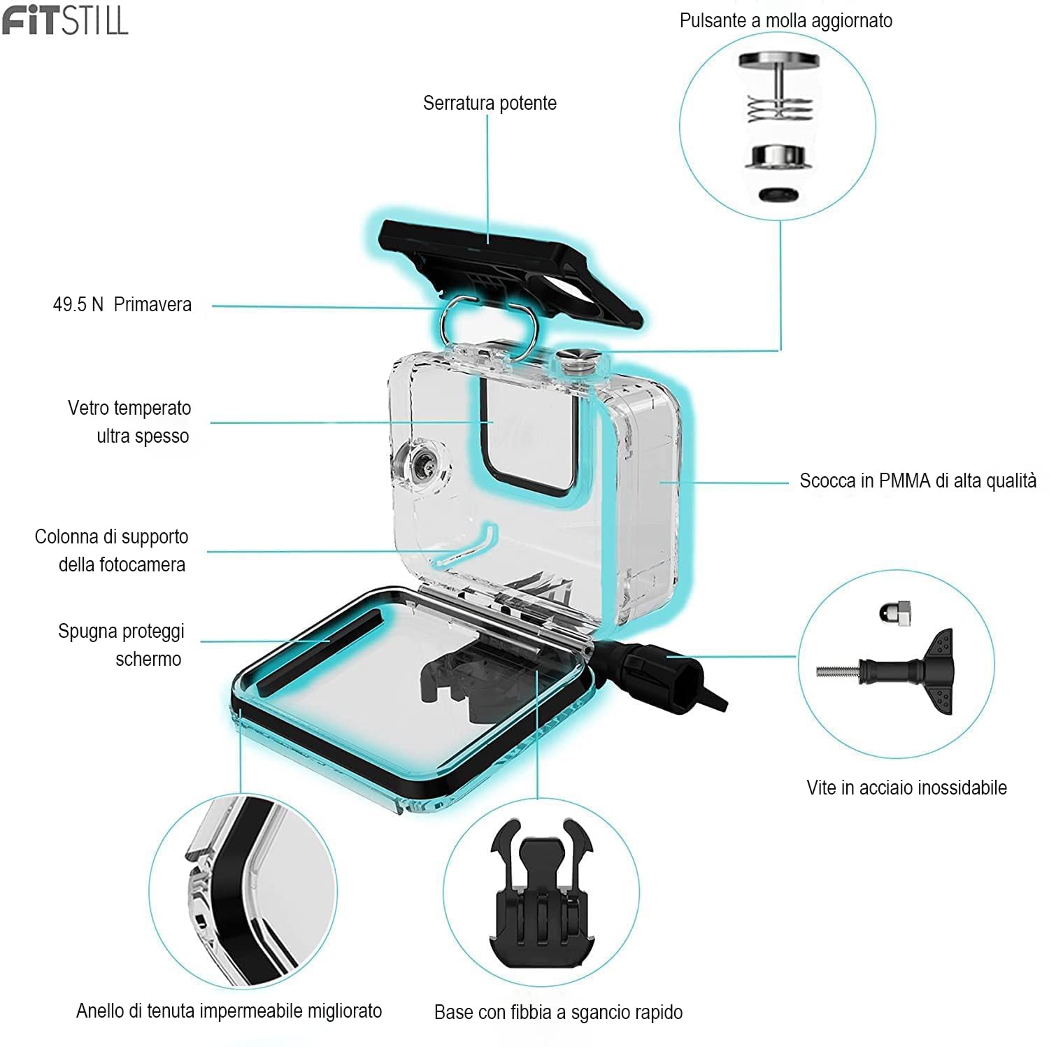 FitStill Custodia impermeabile 60M/196FT per Go Pro Hero 13/Hero 12/Hero 11/Hero 10/Hero 9 Black, custodia protettiva subacquea con accessori per fotocamera Go Pro Hero 13/12/11/10/9 Action camera