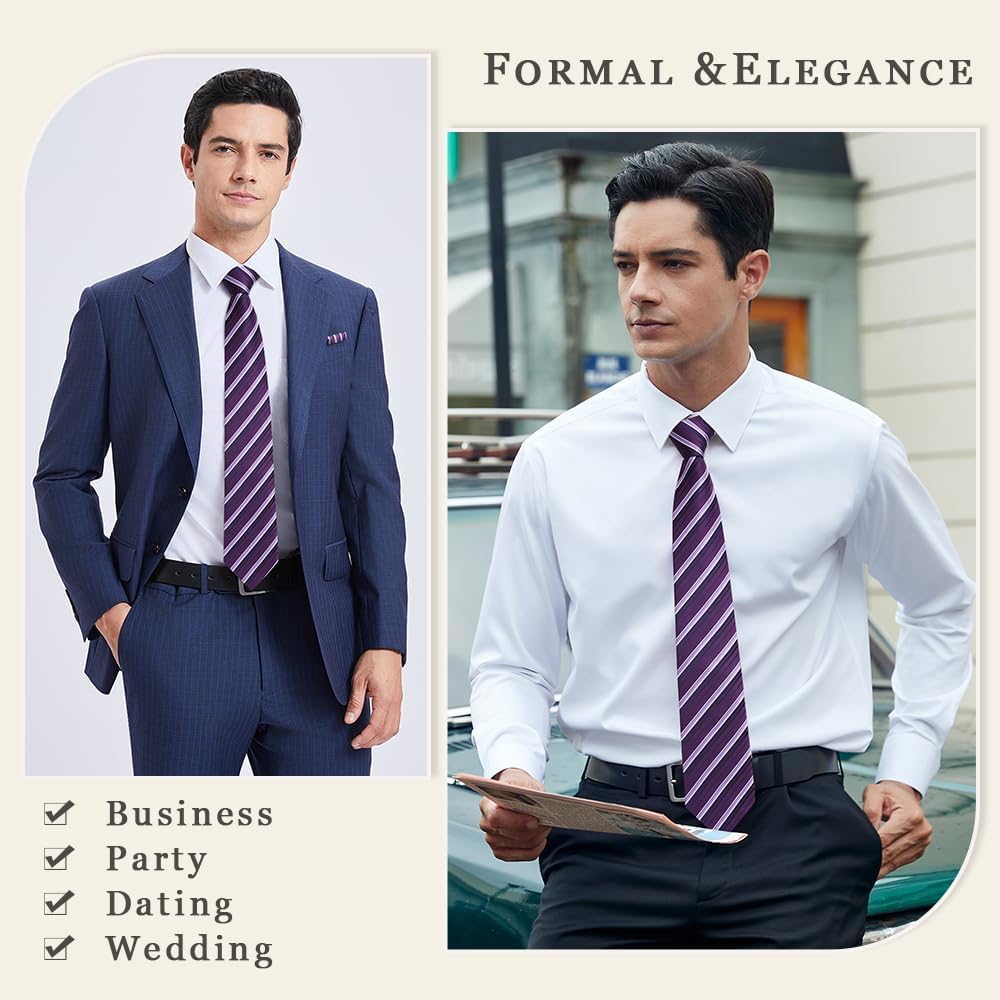 Enlision Mens Ties Stripe Tie and Pocket Square Set Classic Formal Woven Neckties Handkerchief Cufflinks Wedding - Image 2