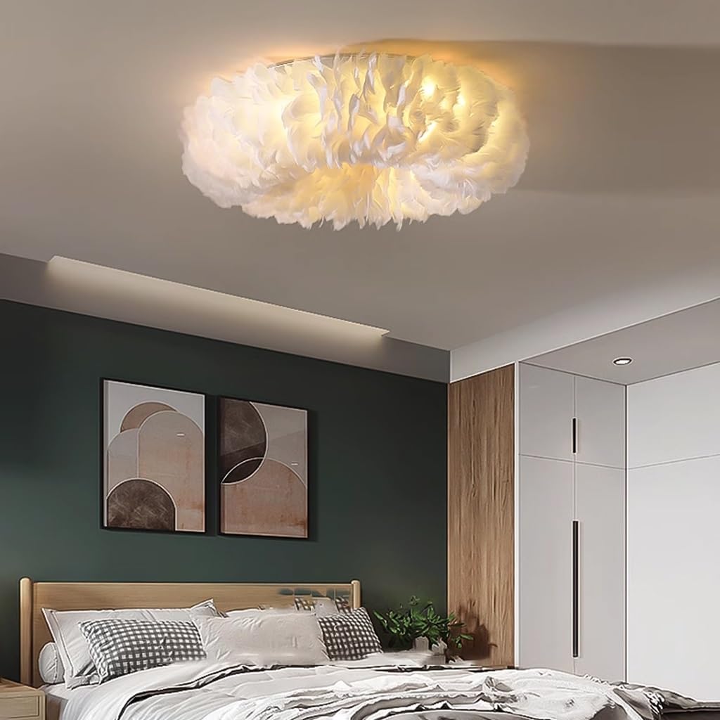 Lampa Sufitowa Nowoczesna Z Abażurem Z Białymi Piórami - Przytulna Aranżacja Ze Ściemniaczem E27 - Oświetlenie Sufitowe Do Sypialni/Salonu Dziecięcego - Stylowa Dekoracja Wnętrz Domowych & Resta