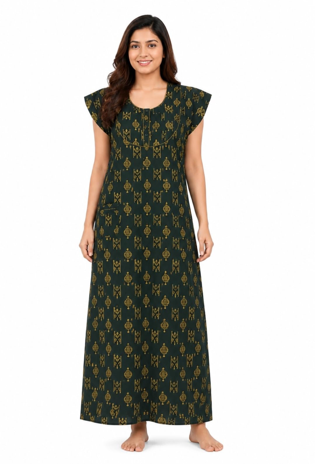 Women's Pure Cotton Printed Maxi Nighty Dark Green Nightgown-picture-42