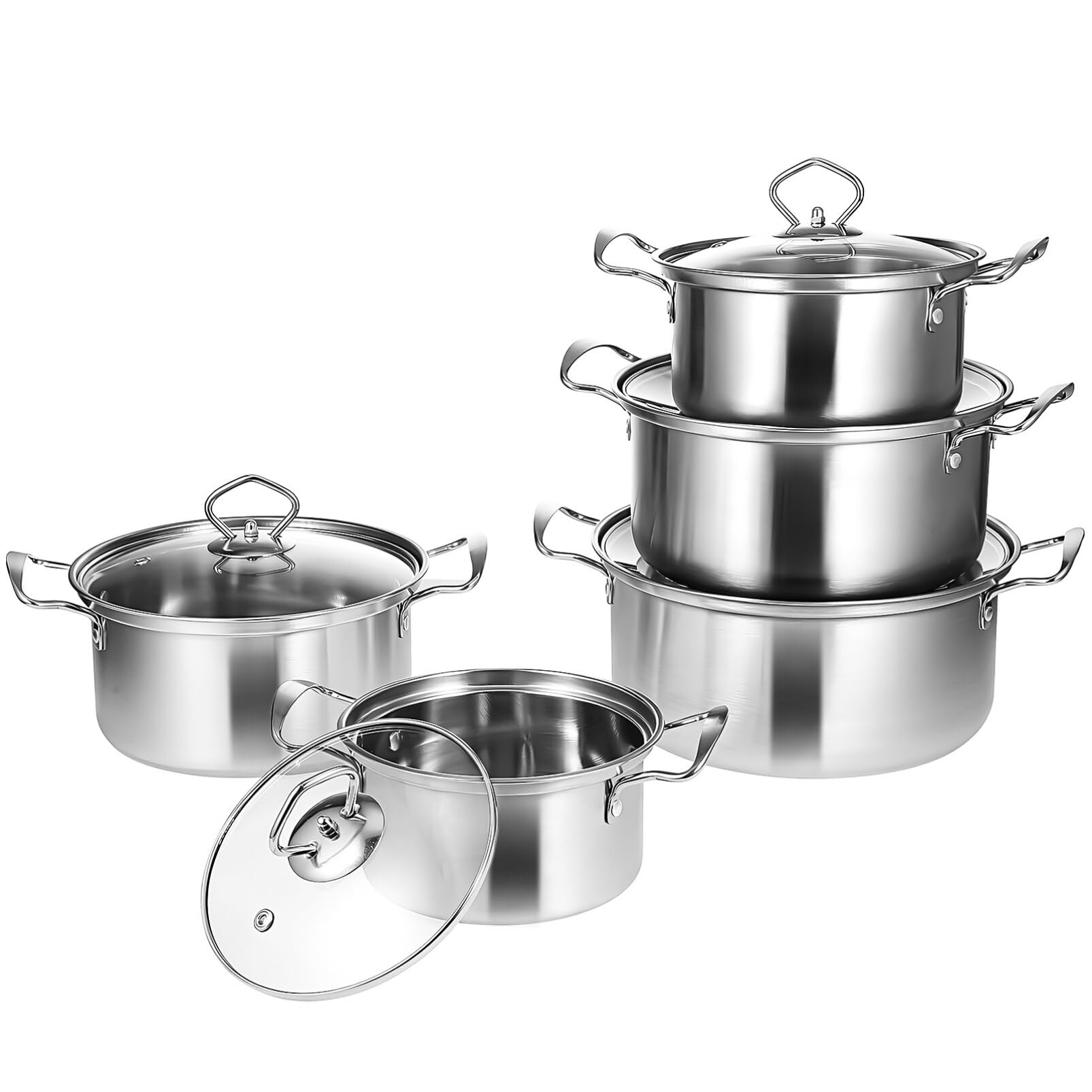 MAGICLULU Juego de 5 ollas de acero inoxidable con tapas de vidrio, utensilios de cocina de inducción, ollas de cocina grandes y pequeñas, doble asa, suministros de cocina versátiles para guisos y